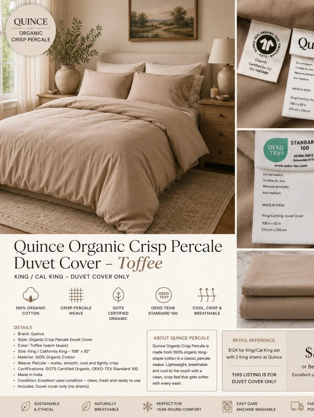 Quince Organic Crisp Percale King Cal King Duvet Cover Toffee